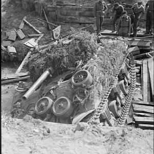 Sherman tank of the Irish Guards, near the Bremen-Hamburg autobahn, 20 April 1945; IWM BU 4161