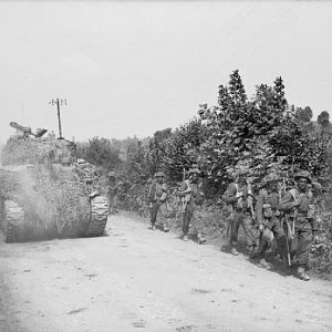 Sherman tank and infantry of the Irish Guards advance along a road near St Martin-des-Besaces, 1 August 1944; IWM B 8334