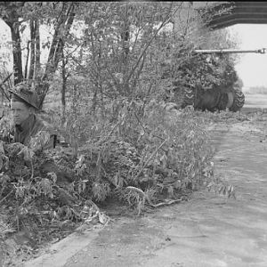 2 Irish Guards Camouflaged Sherman Firefly & Irish Guards infantry, Bremen-Hamburg autobahn, 20 April 1945; IWM BU 4159
