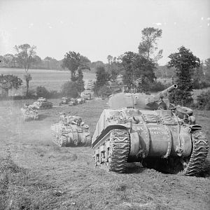 Sherman tanks of 2nd Irish Guards, Guards Armoured Division, south of Caumont, 31 July 1944; IWM B 8276