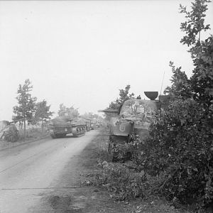 Sherman tanks of the Irish Guards Group advance past others knocked out earlier during Operation 'Market-Garden', 17 September 1944; IWM BU 925