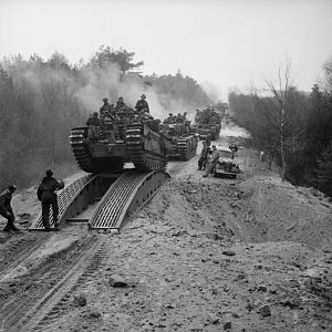 Churchill tanks of the 3rd Scots Guards, 6th Guards Tank Brigade, between Celle and the River Elbe, 14 April 1945; IWM BU 3420