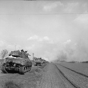 Sherman tanks of the 1st Coldstream Guards, Guards Armoured Division, Germany, 13 April 1945; IWM BU 3584