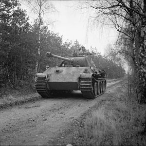 Captured German PzKpfw V Panther tank, used by 4th Coldstream Guards, 6th Guards Tank Brigade, 29 November 1944; IWM B 12187