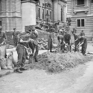 Grenadier Guards constructing sandbag defences, Birdcage Walk, London, May 1940; IWM H 1584
