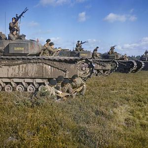 Churchill tanks of 43rd Battalion, Royal Tank Regiment on manoeuvres in the UK, October 1942; IWM TR 214