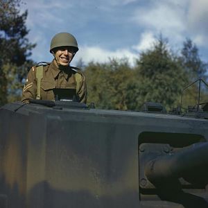 Corporal of the Grenadier Guards with a Churchill tank, Guards Armoured Training Wing, Pirbright, Surrey, October 1943; IWM TR 1408