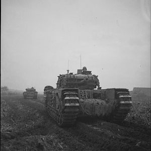 Churchill tanks of the 4th Grenadier Guards advance towards Venraij in Holland, 17 October 1944; IWM BU 1210