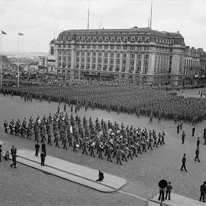British troops from the Guards Armoured Division form up in the Place Poelaert, Brussels victory parade; IWM BU 9482
