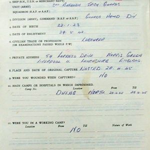 COSGROVE, Thomas, 2723349, Guardsman, 3rd Battalion IRISH GUARDS, Captured Germany, 20 April 1945 - WO 344-74-1