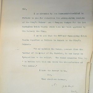 Designs for King's Colour and badges for 1st Battn Irish Guards
