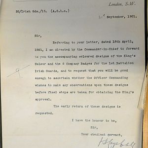 Designs for King's Colour and badges for 1st Battn Irish Guards