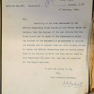 Designs for King's Colour and badges for 1st Battn Irish Guards
