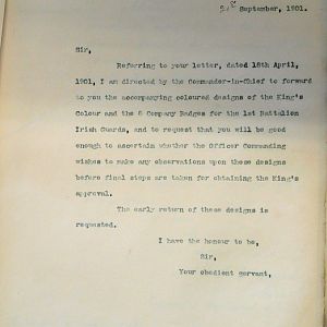 Designs for King's Colour and badges for 1st Battn Irish Guards