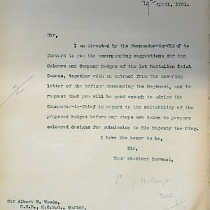 Designs for King's Colour and badges for 1st Battn Irish Guards