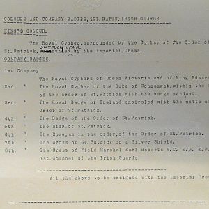 Designs for King's Colour and badges for 1st Battn Irish Guards