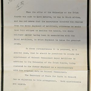 Royal Assent for Earl Roberts, as Colonel of Irish Guards