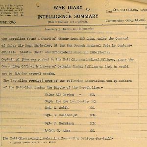 July War Diary, 6th Motor Battalion Grenadier Guards, 1943