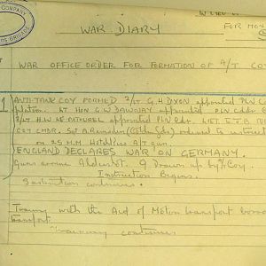 September 1939 War Diary, 1 Guards Brigade Anti-Tank Company