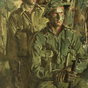 ART27560 - In the Owen Stanley Jungle: two camouflaged soldiers about to go out on patrol