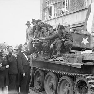 Crew of a Cromwell tank 2nd Welsh Guards during the liberation of Eindhoven, 19 September 1944; IWM BU 939