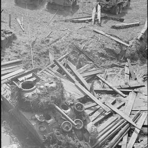 Sherman tank of the Irish Guards, on road leading to the Bremen-Hamburg autobahn, 20 April 1945; IWM BU 4162