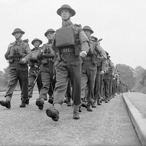 1st Battalion, Scots Guards, marching along St Pauls Cray Road near Chislehurst, Kent, 15 June 1942; IWM H 20660