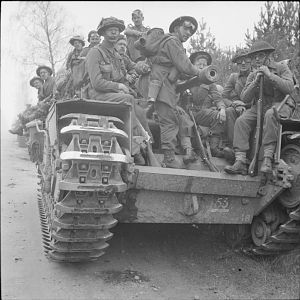 Churchill tanks of the Scots Guards, 6th Guards Tank Brigade, 10th Highland Light Infantry, 15th (Scottish) Division, advance to the River Elbe, 13 April 1945; IWM BU 3426