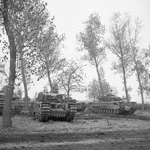 Churchill tanks of 4th Grenadier Guards assemble for the advance on Liesel, 1 November 1944; IWM B 11568