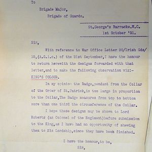 Designs for King's Colour and badges for 1st Battn Irish Guards