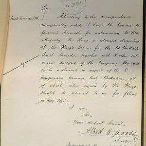 Designs for King's Colour and badges for 1st Battn Irish Guards