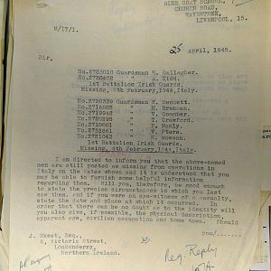 1st Battalion Irish Guards, Italy, Missing Personnel file