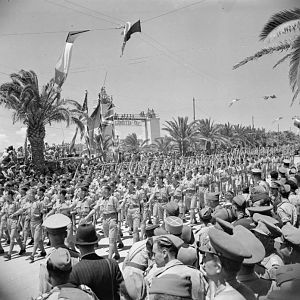 RAF Regiment march past the saluting dais in the Allied Victory Parade in Tunis; IWM NA 3020
