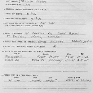 ARTHRELL, William Gerald, 2734236, Guardsman, 2nd Battalion WELSH GUARDS, Captured France, 25 May 1940 - WO 344-9-2