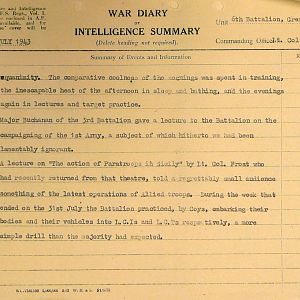 July War Diary, 6th Motor Battalion Grenadier Guards, 1943