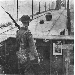 Irish Guardsman on Nijmegen road bridge, 1944