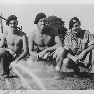 Lt Miles,25th Dragoons with unidentified comrades,Arakan Burma 1944 outside Lee Grant tank harbour.