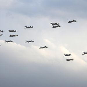 13 Spitfires, 1 Seafire and 3 Hurricanes in one 'Big Wing' formation at Duxford Imperial War Museum