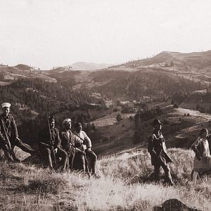 A friendly meeting between Bulgarian and Greek soldiers hiking on the border, 1930s
